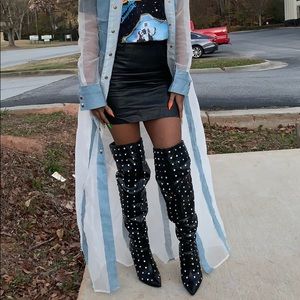 Rhinestone Thigh High Leather Boots